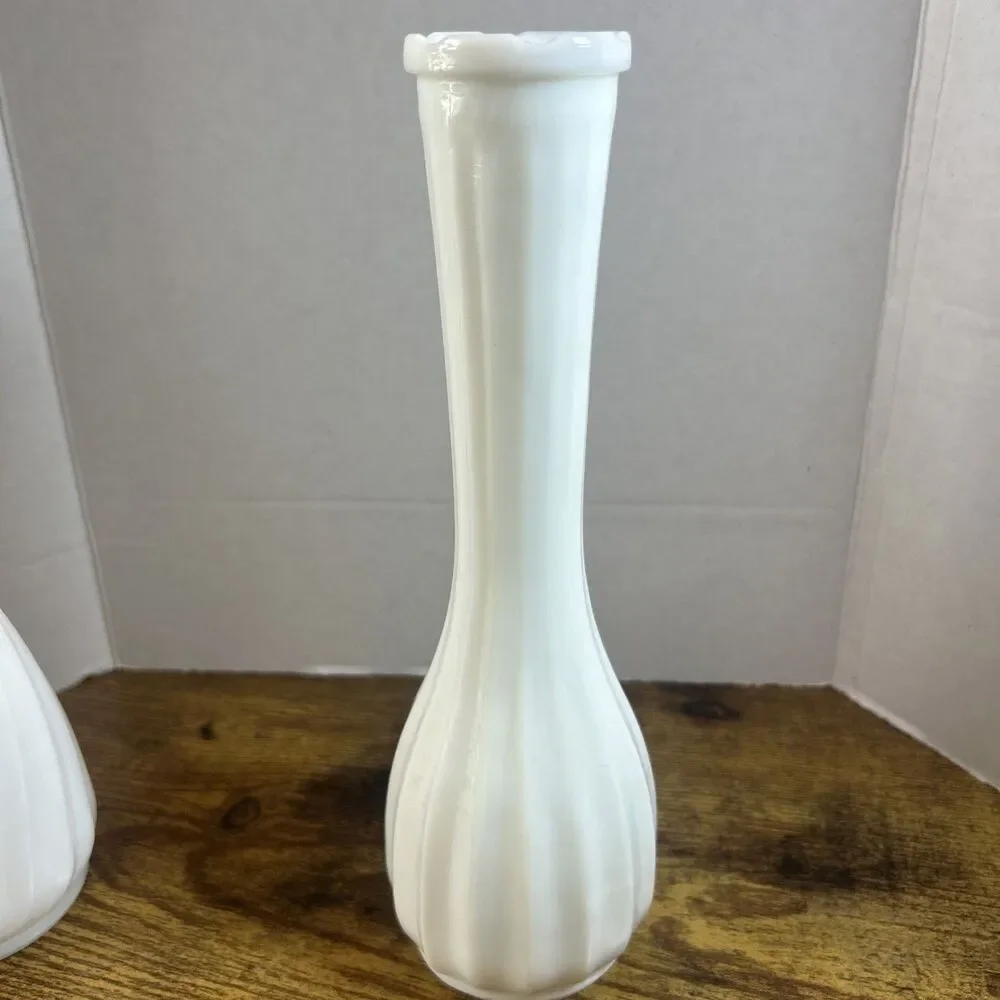 Hoosier Swirl White Milk Glass Vase 10” & CLG Ribbed Vase 9.75” Vintage Set of 2